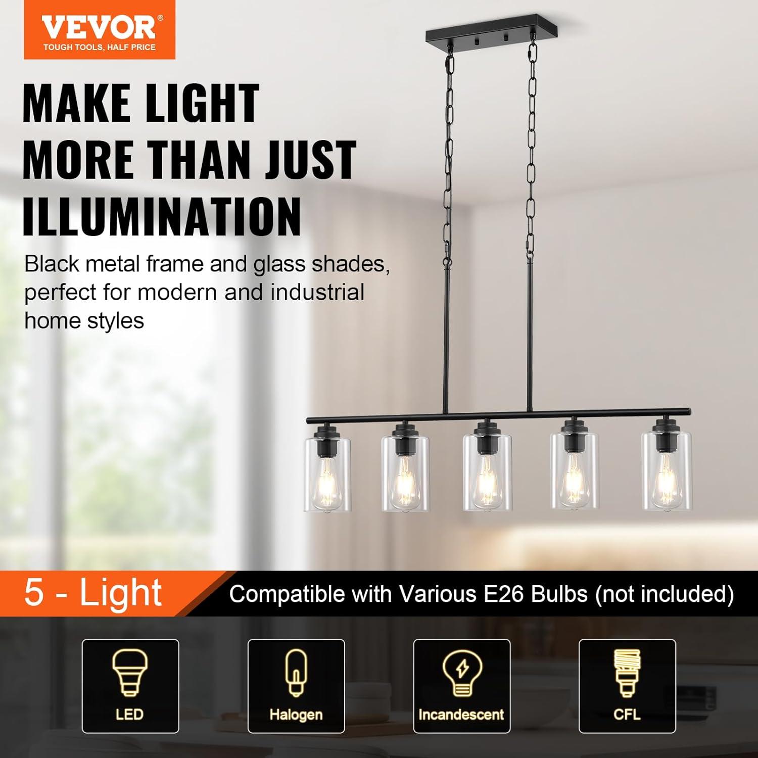VEVOR 5-Light Adjustable Kitchen Island Pendant Light - 60W E26 Bulbs for Dining Room