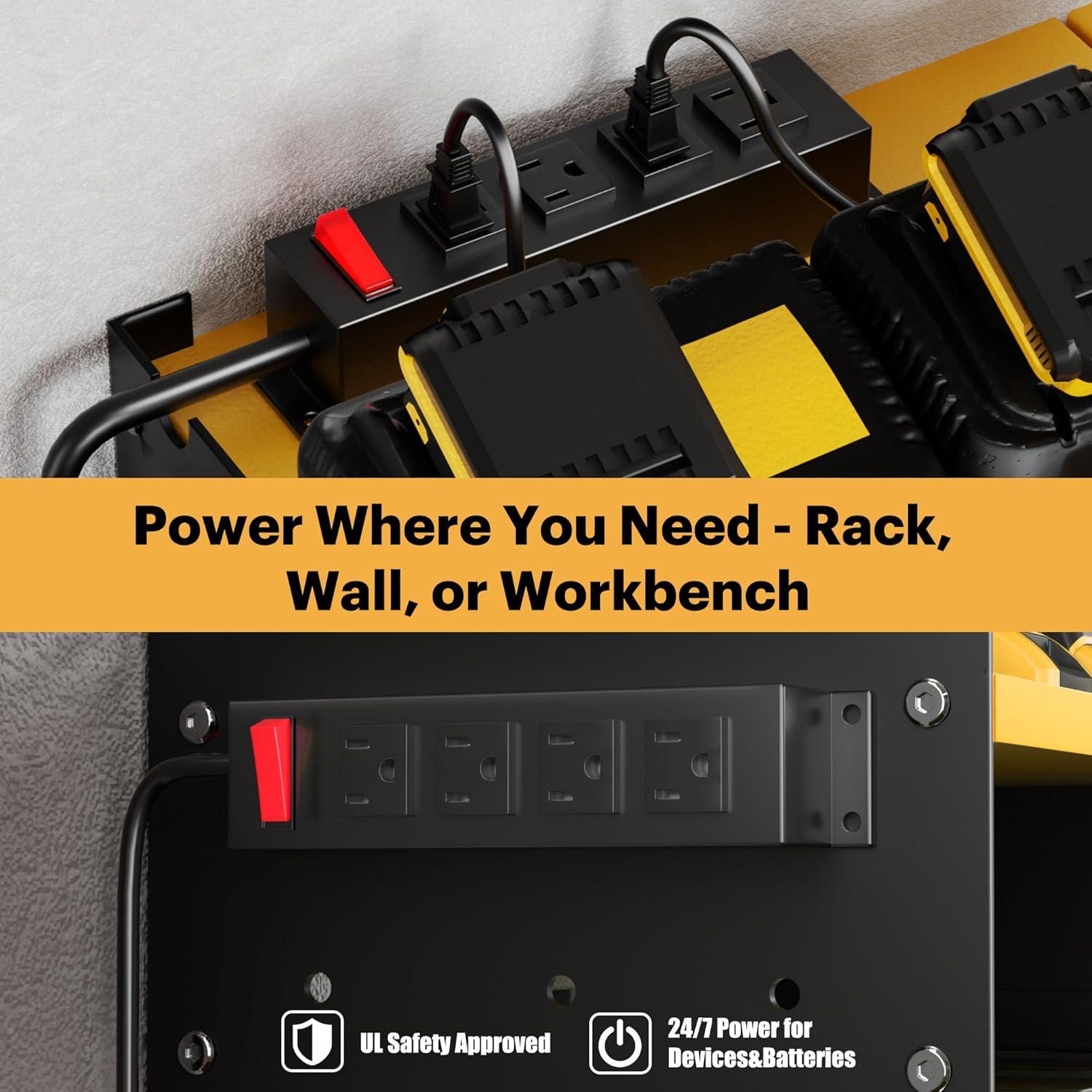 Spampur Power Tool Organizer Wall Mount with Charging Station, Garage Tool Shelf 6 Drill Holders, Tool Battery Holder with Plier holder Heavy Duty Rack, Tool Storage Rack with 4 Outlet Power Strip