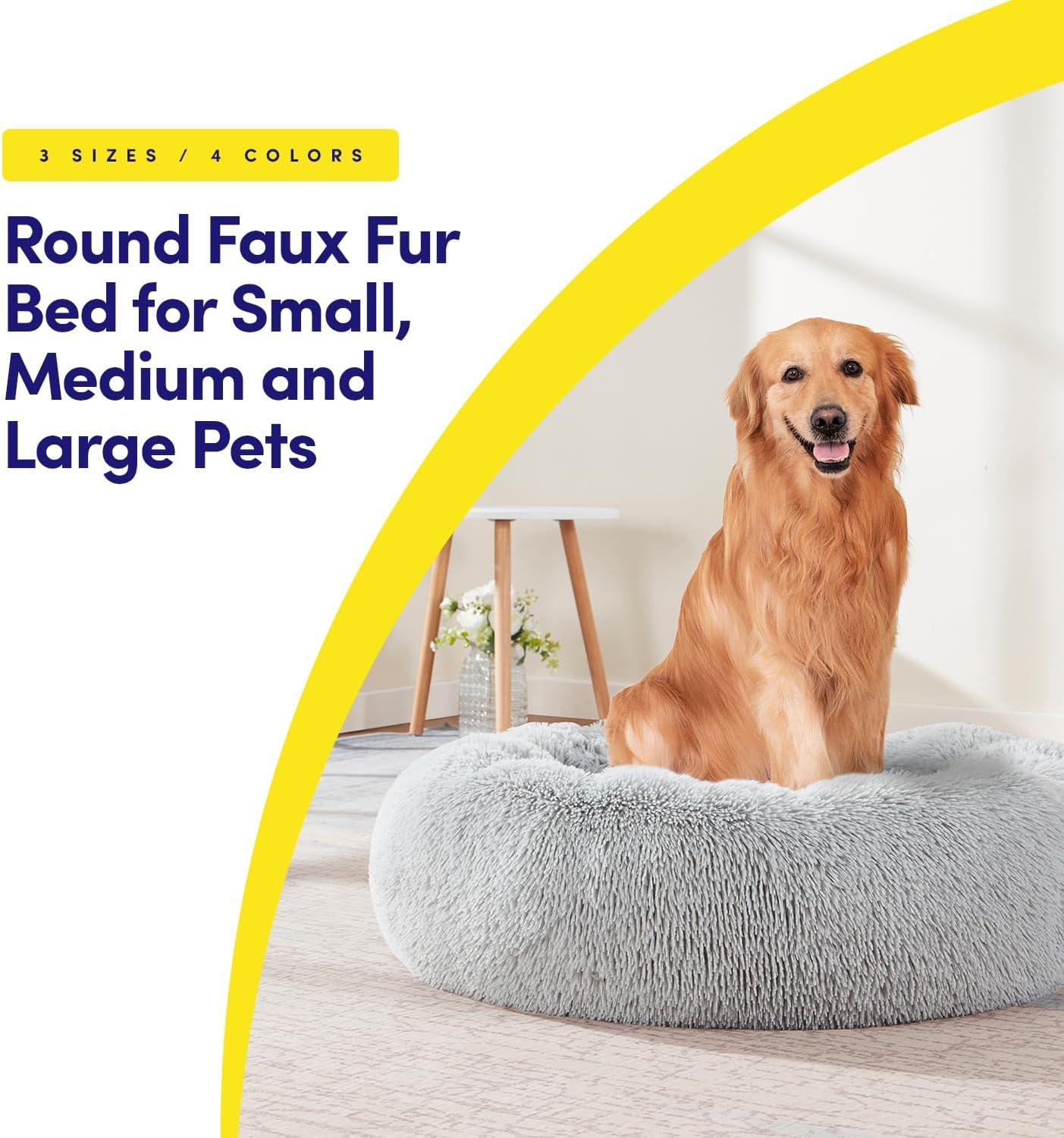 Dog & Cat Bed: Round Faux Fur Pet Bed - Plush, Cozy, & Calming Donut Bed for Medium Pets - Soft & Comfortable Sleeping Cushion for Napping & Lounging, 23" Round, Silver