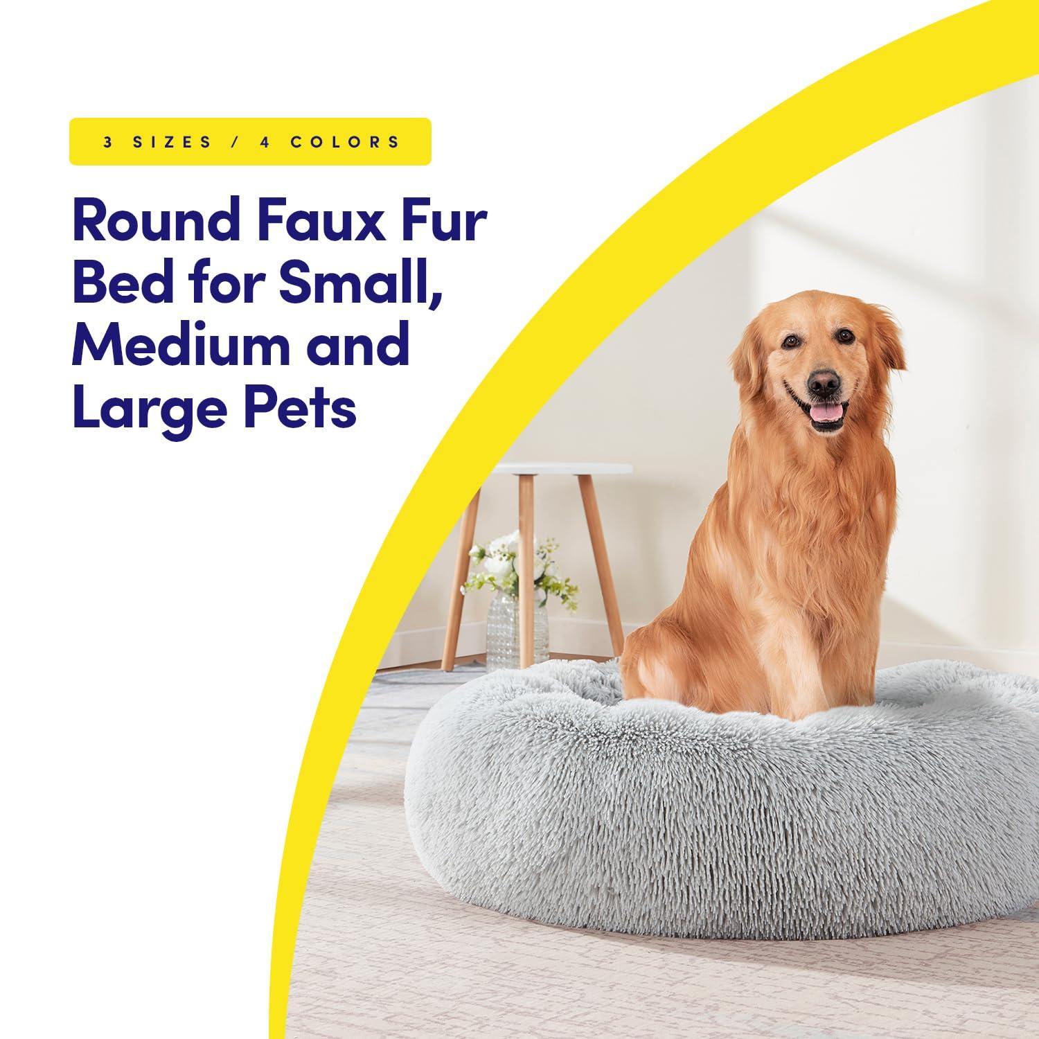 Dog & Cat Bed: Round Faux Fur Pet Bed - Plush, Cozy, & Calming Donut Bed for Medium Pets - Soft & Comfortable Sleeping Cushion for Napping & Lounging, 23" Round, Silver