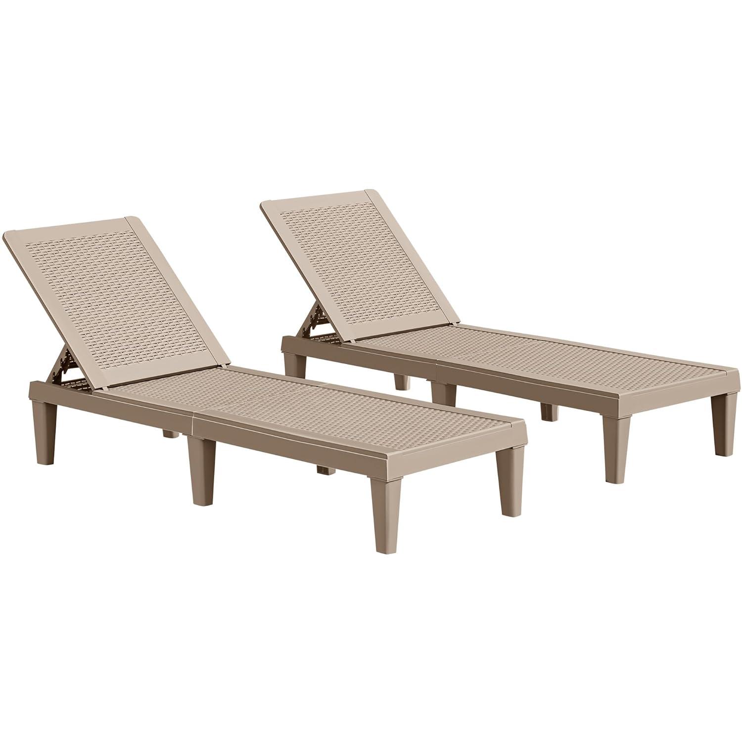 JUMMICO Patio Chaise Lounge Chair Set of 2 Outdoor PE Waterproof Adjustable Easy Assembly Lounge Chairs for Outside Pool Garden Deck Beach (Light Brown, Set of 2)
