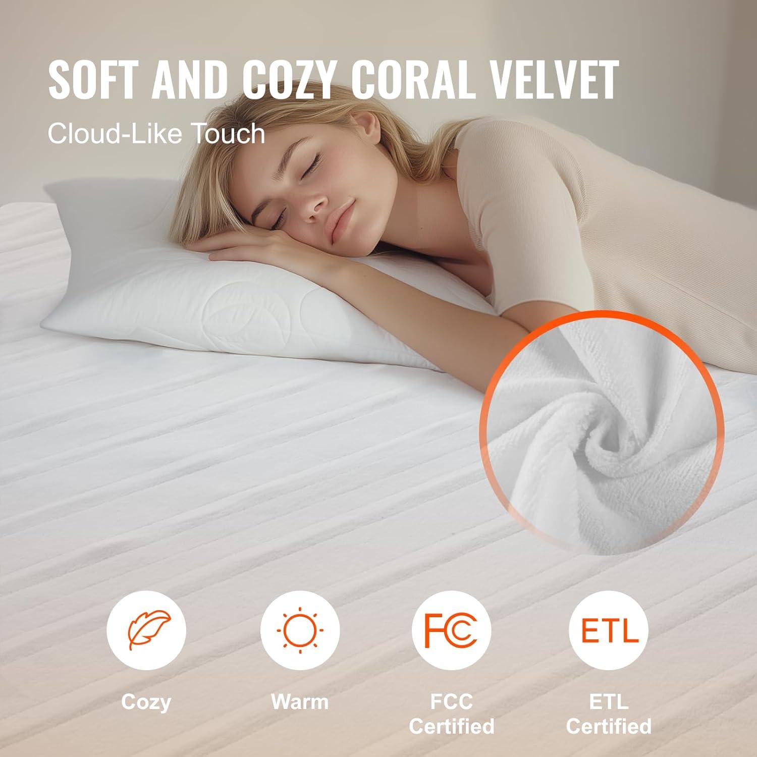 VEVOR Heated Mattress Pad Full Electric Warmer Coral Fleece Auto Off