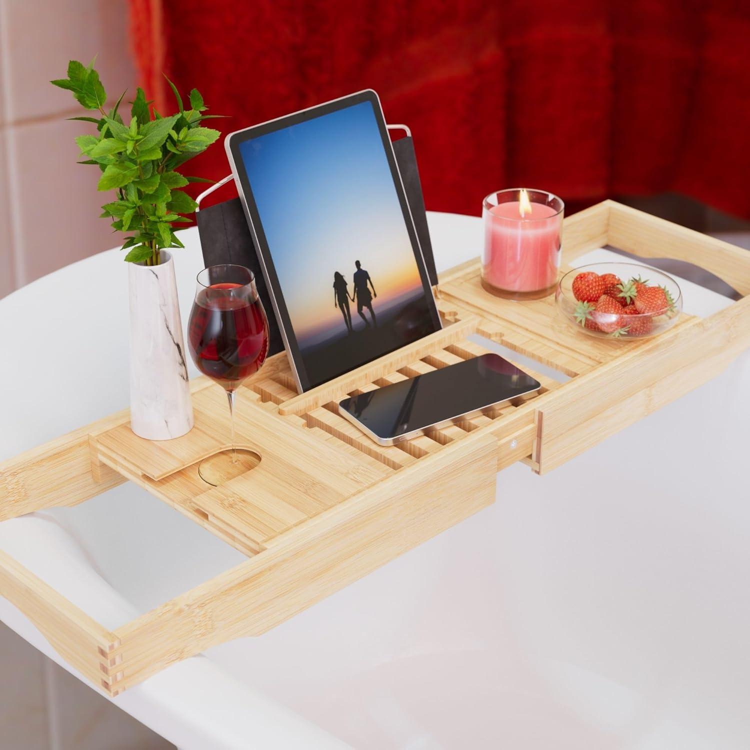 ToiletTree Products Bamboo Bathtub Caddy with Extending Sides and Adjustable Book Holder