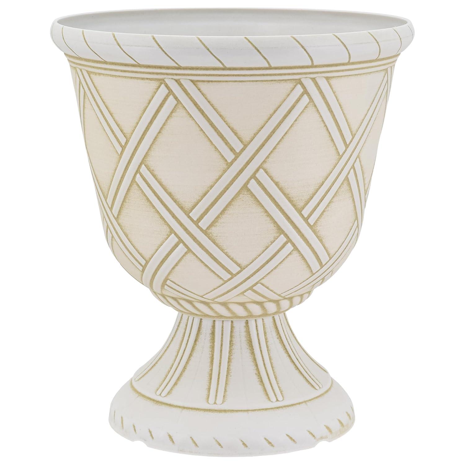 PL60GD Lattice Plastic Garden Urn, Classic Decorative Garden Pot Planter for Indoor and Outdoor Plants, Gold