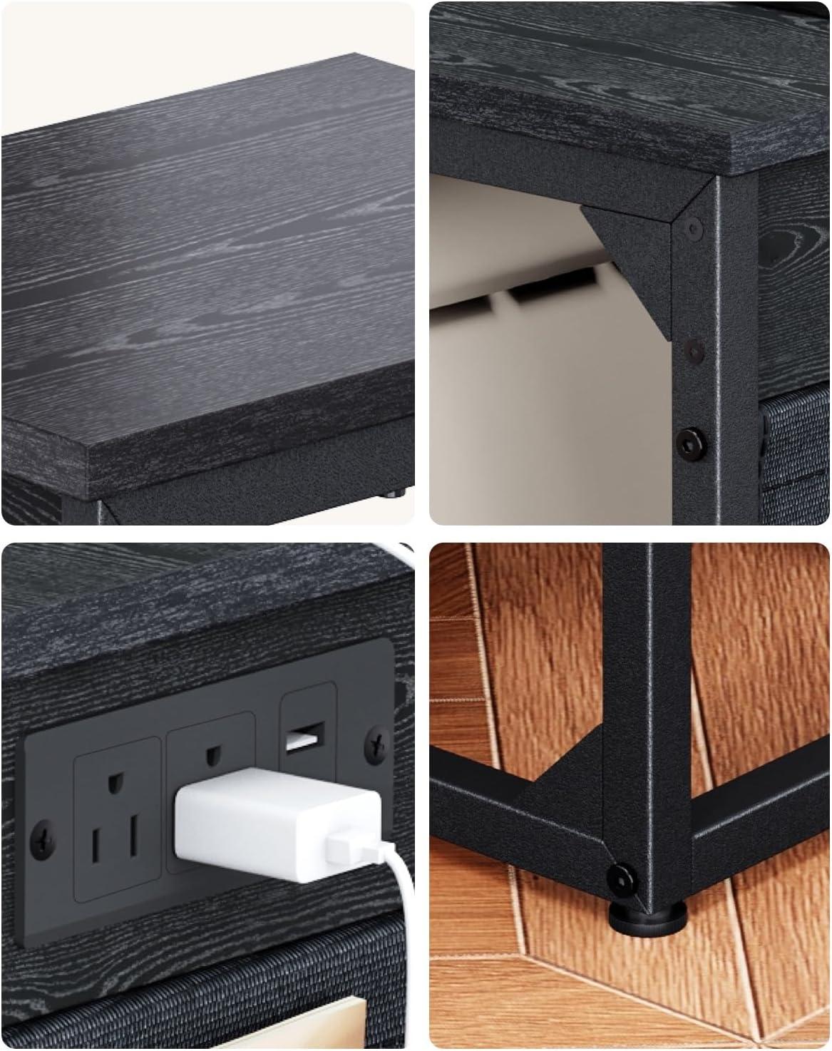 Black Metal C-Shaped End Tables with Charging Station