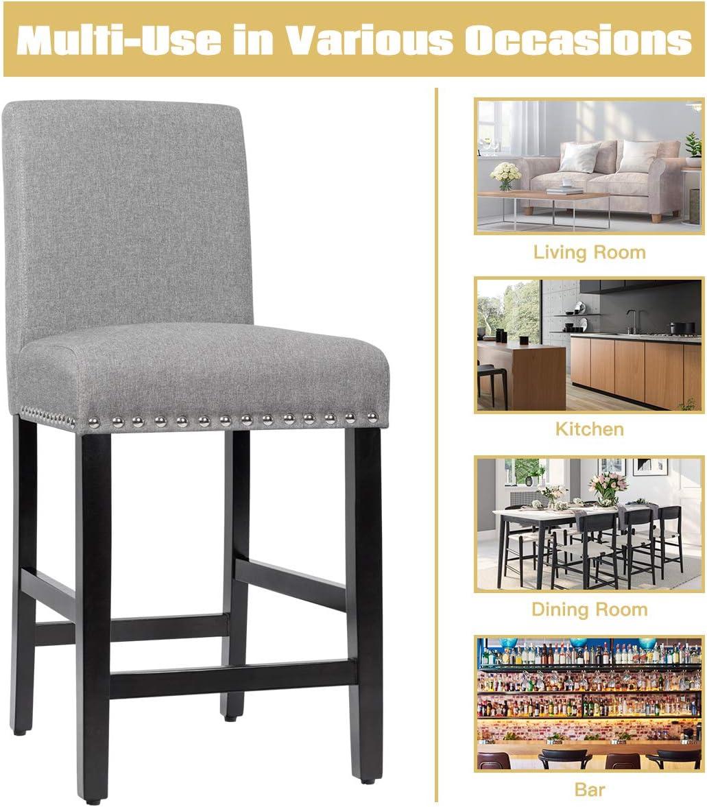 GOTMINSI Counter Height Bar Stool, Classic Upholstered 24 Inches Counter Height Stools Set of 4 barstools with Solid Wood Legs and Grey Fabric