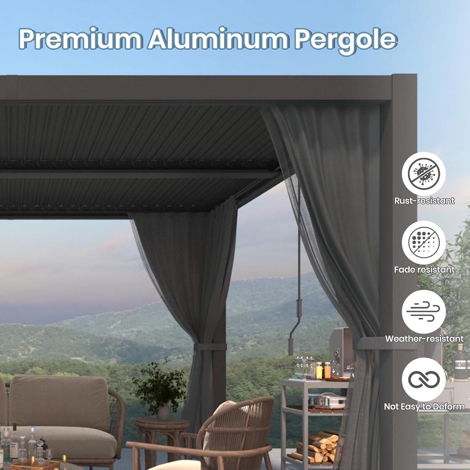 10' ×13' Outdoor Louvered Pergola with Curtain, Aluminum Outdoor Louvered Pergola Patio with Adjustable Roof, Hardtop Metal Gazebo for Patio, Backyard, Garden(Black, 10x13 with Curtain)