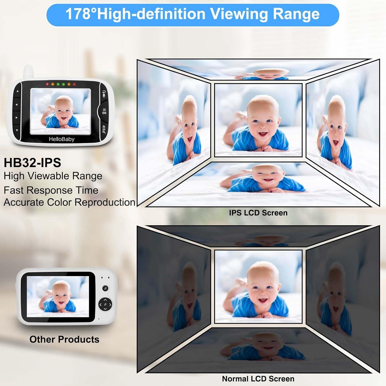 Video Baby Monitor with Camera and Audio, 3.2Inch LCD Display, Infrared Night Vision, Two-Way Audio and Room Temperature Monitoring,Lullaby,Sound Activated Screen HB