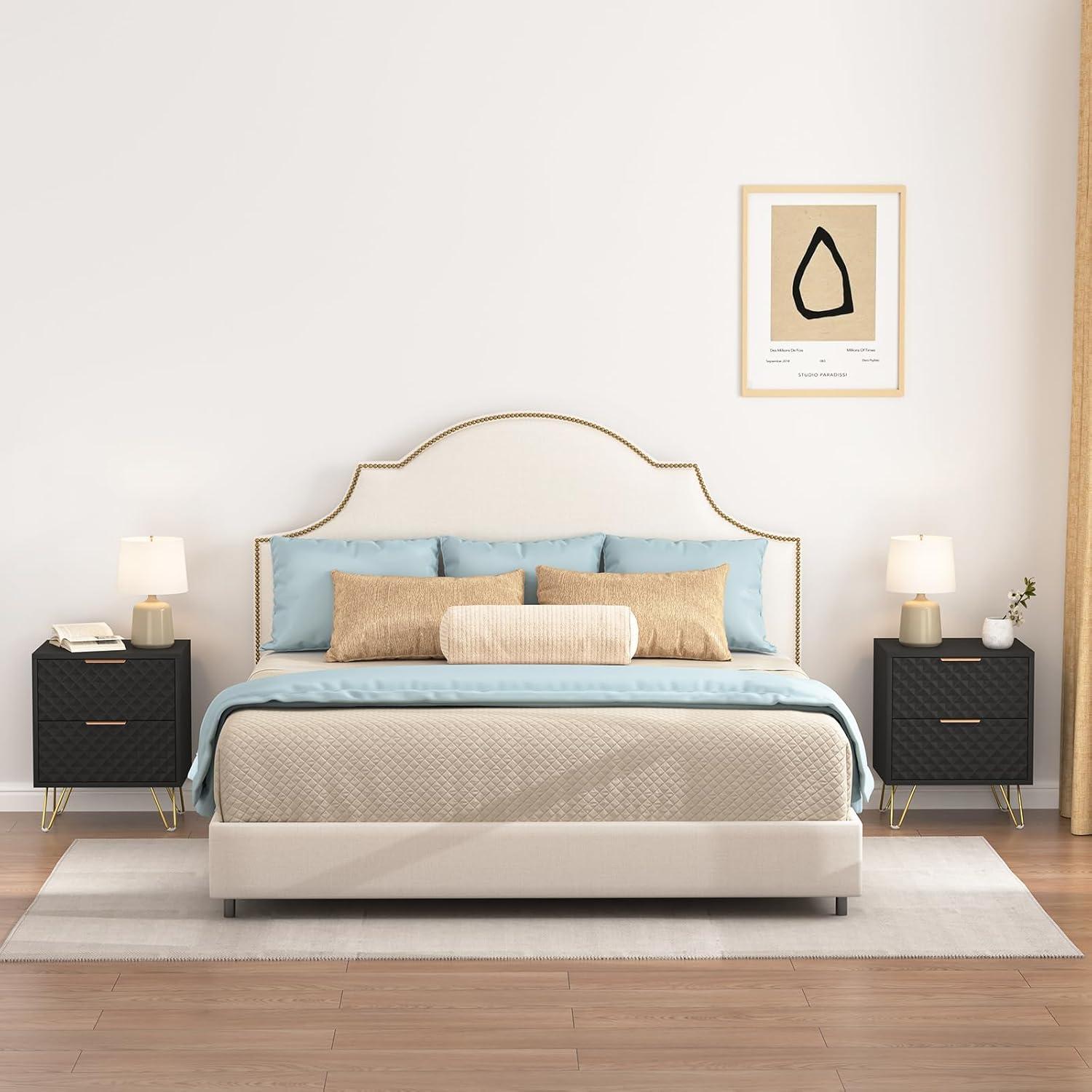 White and Gold Nightstand Set of 2,Modern Bedside Table with 2 Drawer for Bedroom,End Side Table with Gold Legs for Living Room,White Night Stand Set 2 for Bedroom