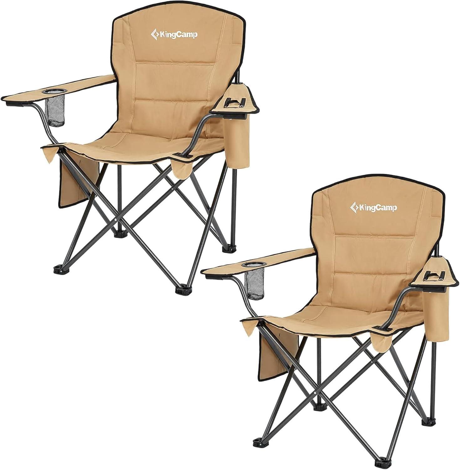 KingCamp Padded Portable Outdoor Folding Lounge Chairs with Built-In Cupholder, Insulated Cooler Sleeve, and Side Storage Pocket, Khaki (2 Pack)