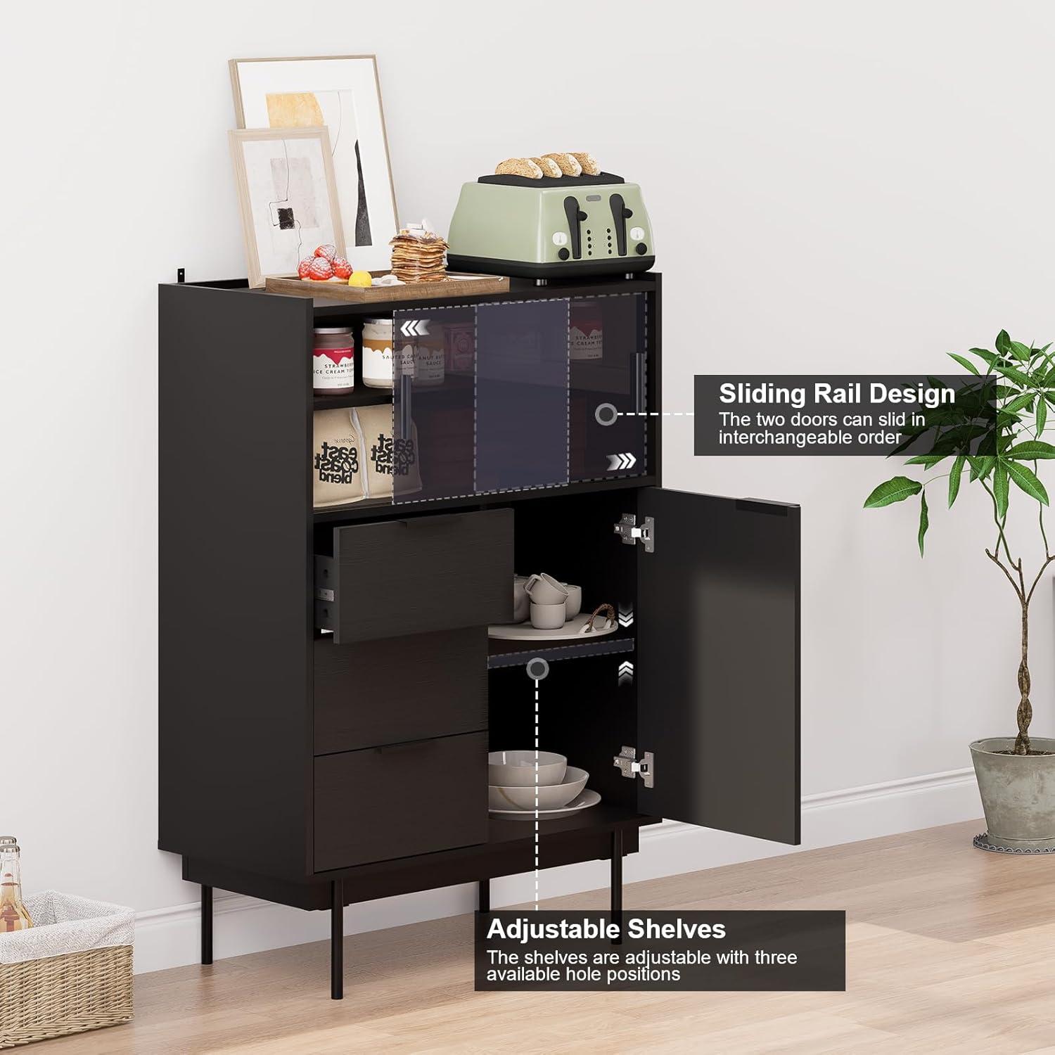 Ebern Designs Ebern Designs Sideboard Anetha, 47" X 31.5" Buffet Anetha With Storage, Black Sideboard With 2 Sliding Doors & 3 Drawers, Wood Coffee Bar Entryway Storage For Living Room