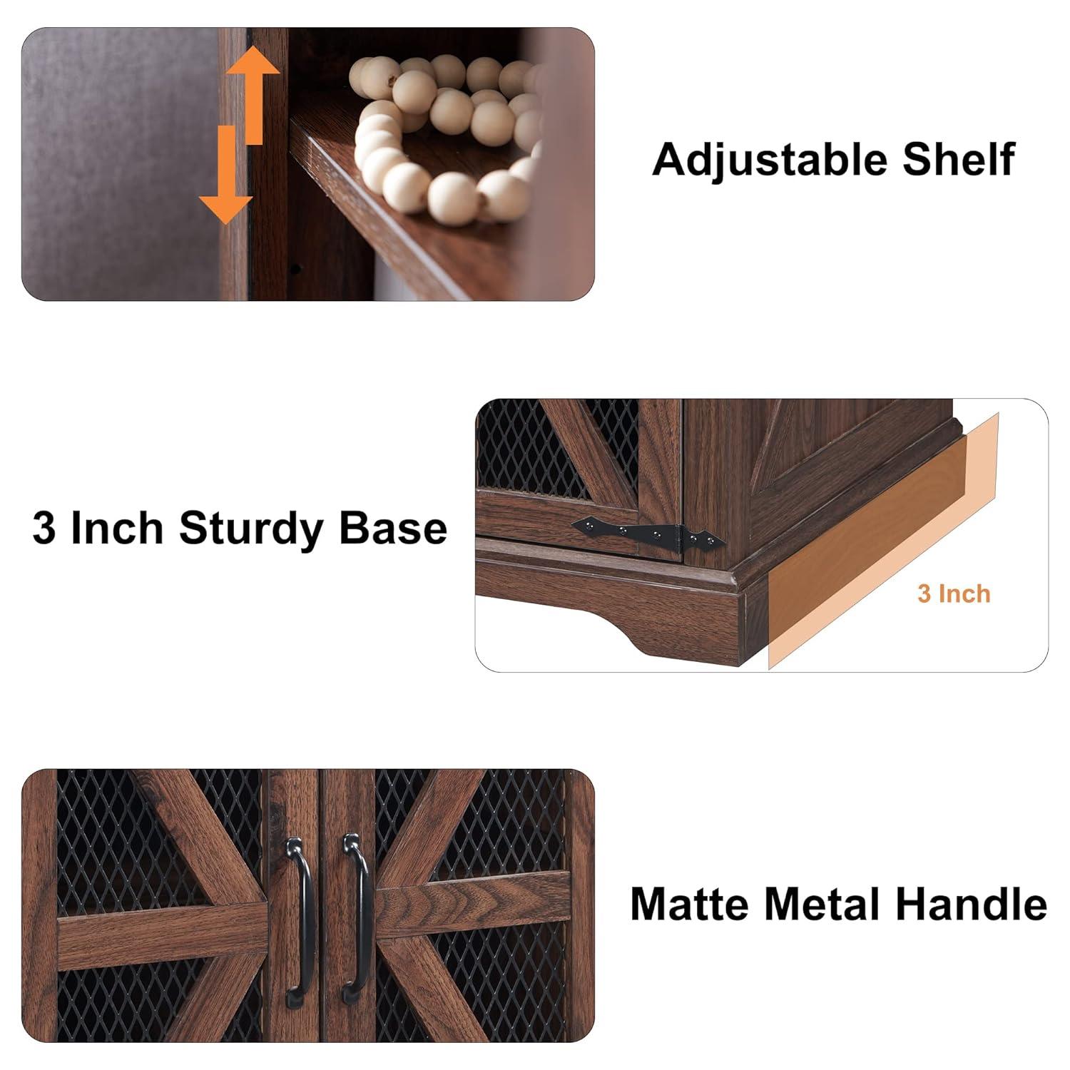 Farmhouse End Table, 24" Large Sofa Side Table with Charging Station, Mesh Barn Door, and Adjustable Storage Shelf, Rustic Wood Square Nightstand for Living Room, Bedroom, Office, Brown