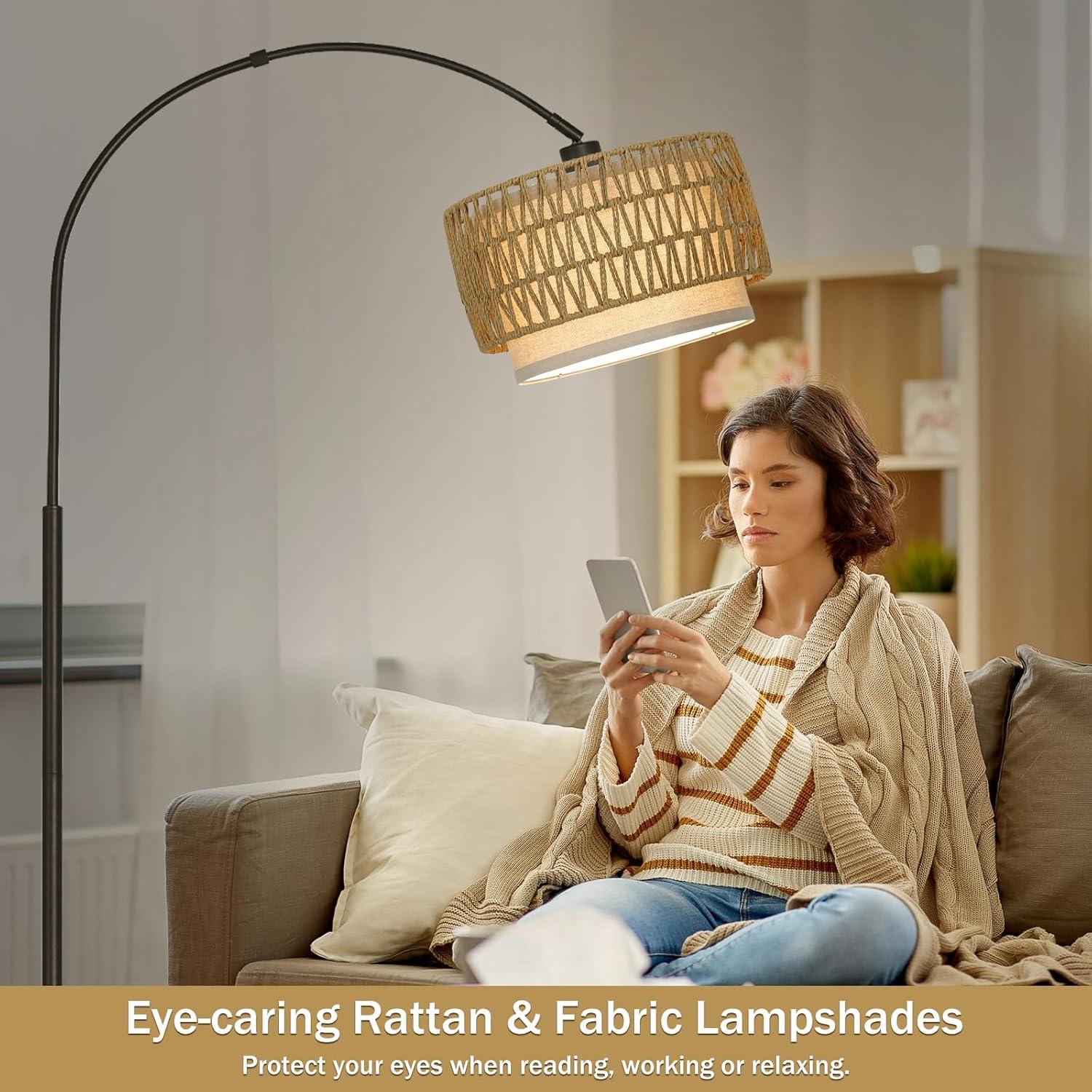 Rattan Floor Lamp, Dimmable Arc Floor Lamps for Living Room, Boho Farmhouse Standing Lamp with Adjustable Head, Tall Pole Lamp Reading Light for Bedroom, Over Couch, Office, 9W LED Bulb Included