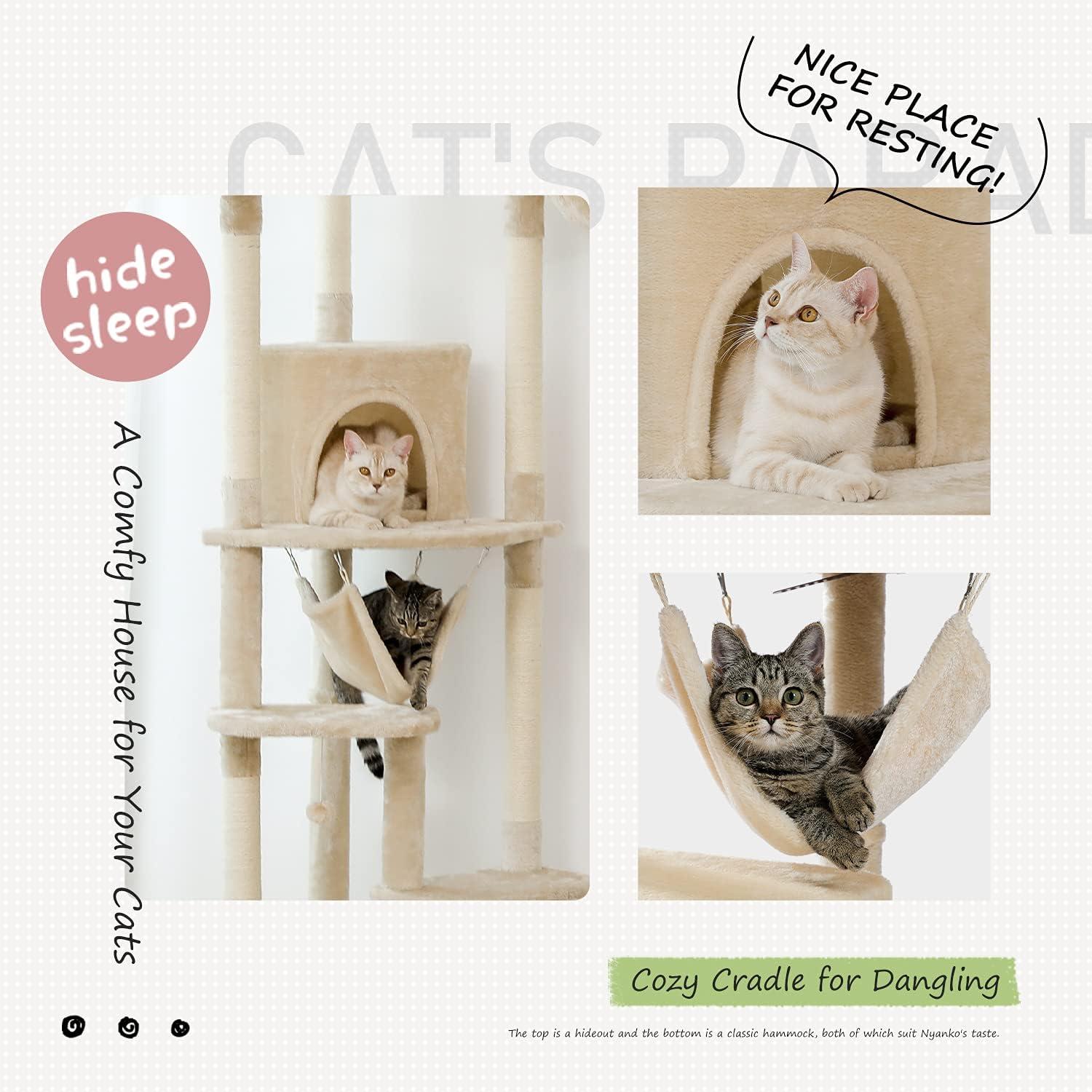 PEQULTI Floor to Ceiling Cat Tree 92.9’’-101.6’’ Height Adjustable Cat Tower Tall Kitty Climbing Play House with Scratching Posts, Cozy Condo, Perches and Large Hammock for Indoor Cats Gray