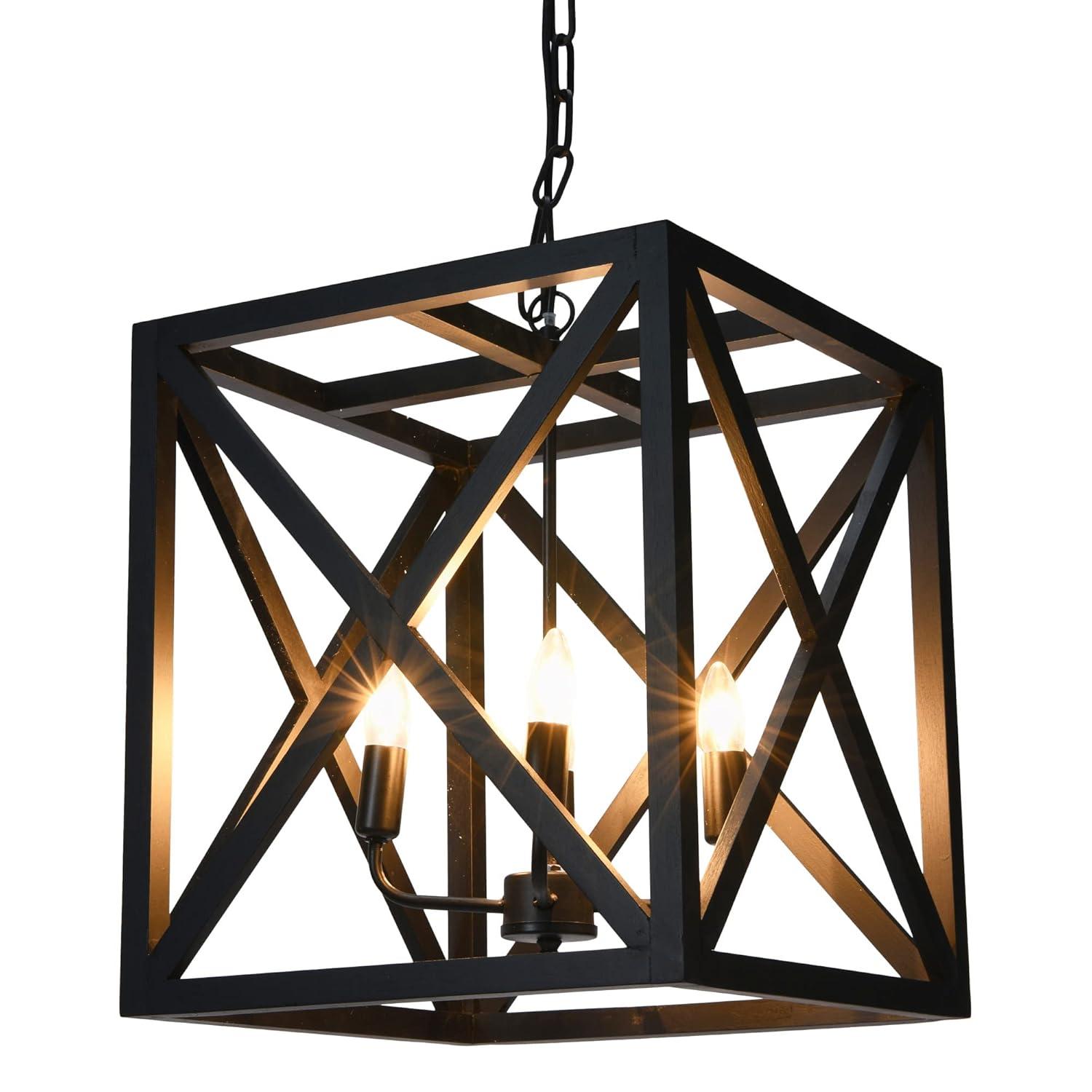 Creative Co-Op Geometric Wood and Metal Ceiling Light, Black