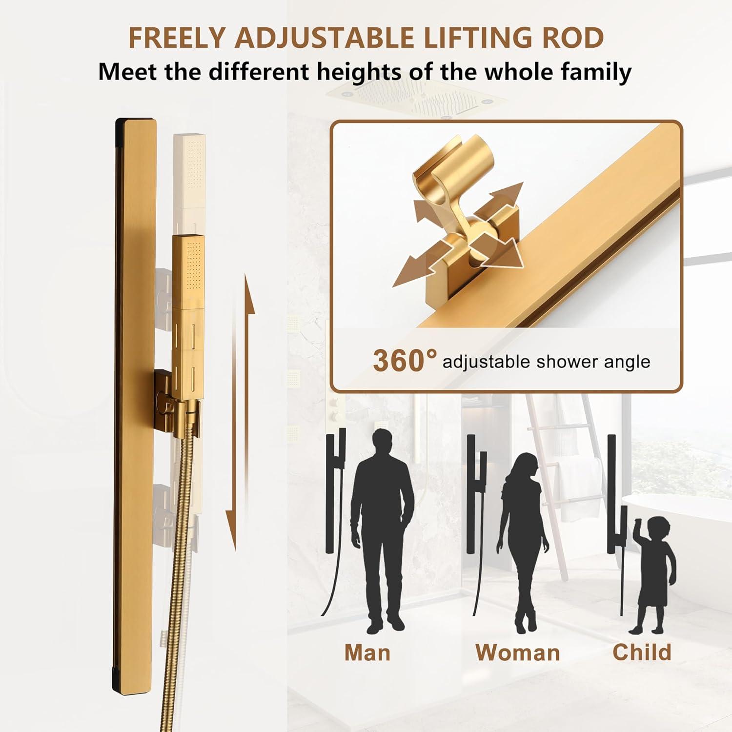 Rodeo 27.5-Inch LED&Music Rainfall Thermostatic Shower System with Slide Bar and 2-in-1 Handheld