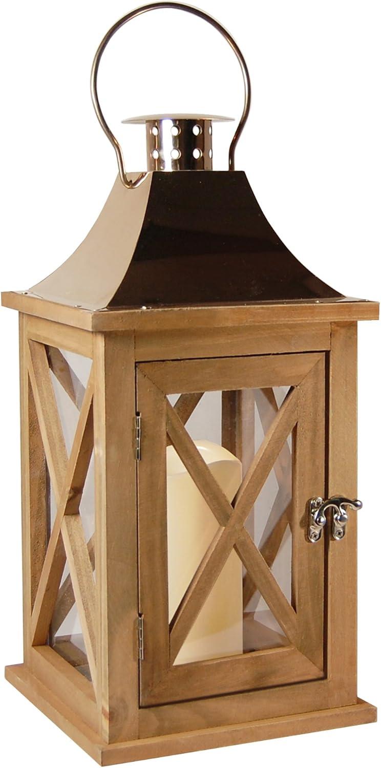 Natural with Copper Roof Wooden Lantern with Battery Operated Candle