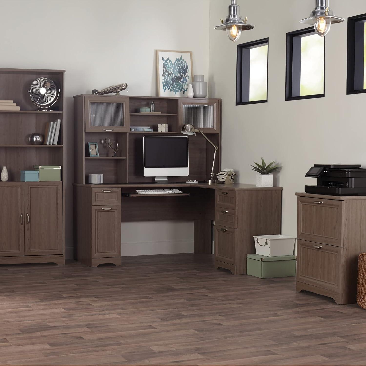 Modern Gray L-Shaped Corner Computer Desk with Keyboard Tray and Drawers