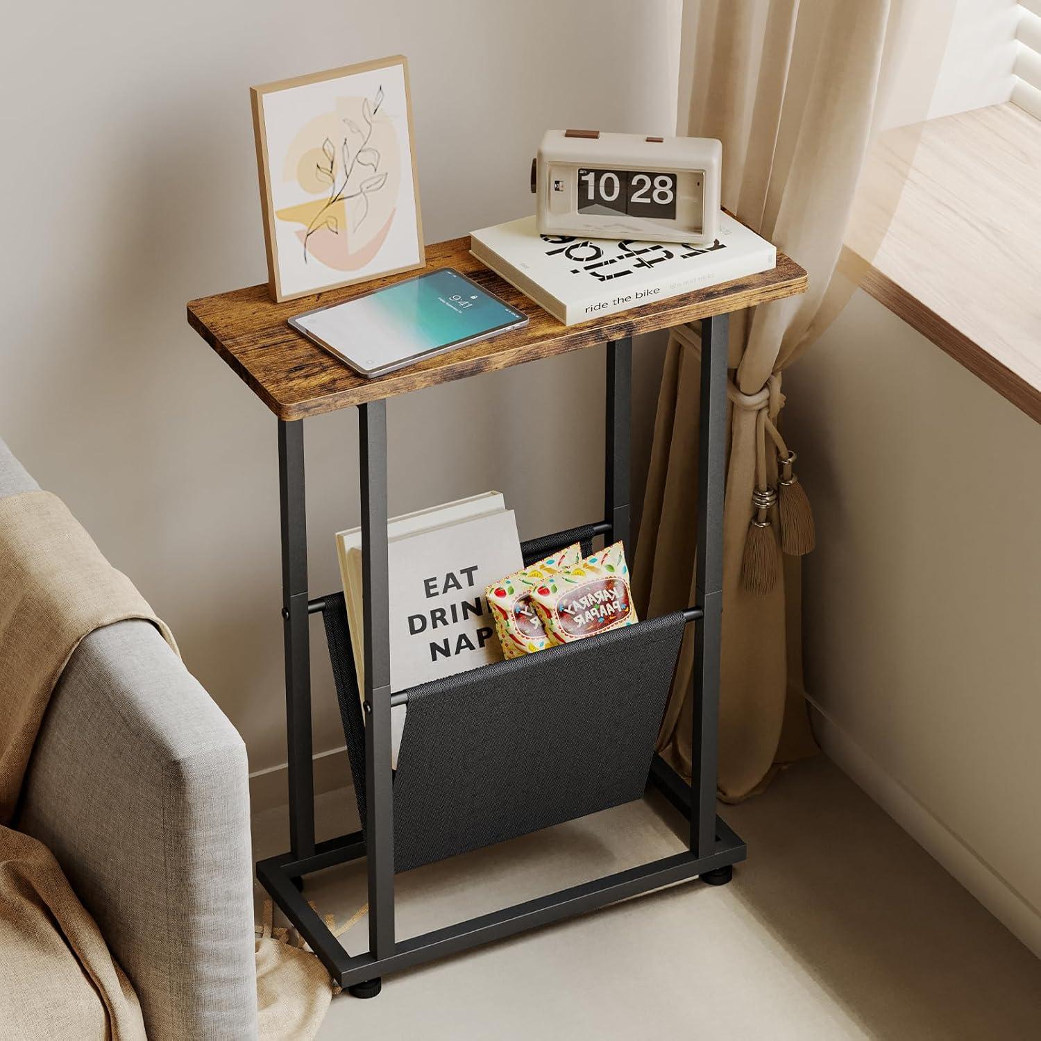 Narrow Side Table, Nightstand with Storage Shelf, Slim Magazine Table for Small Spaces, Narrow Side Snack Couch, End Table for living room, bedroom, hallway, Rustic Brown