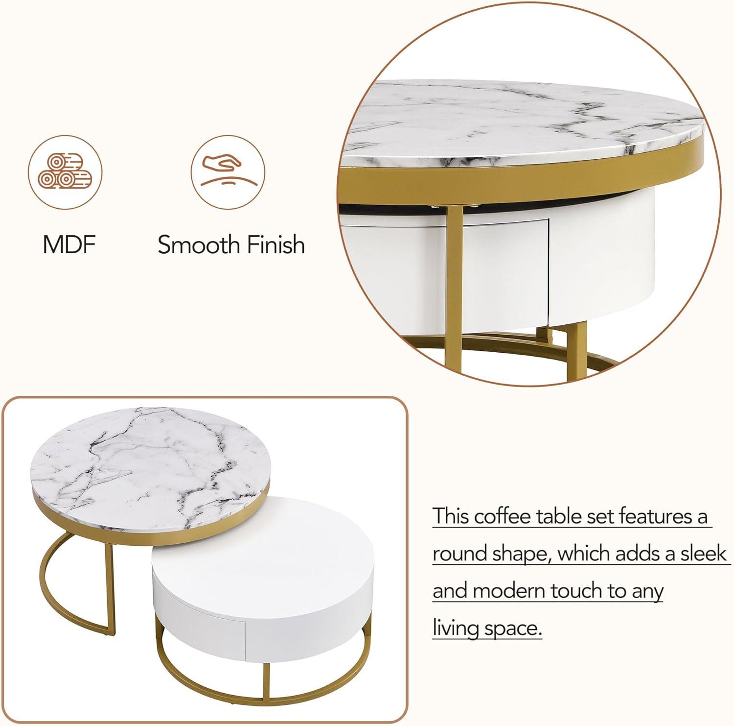 Modern Round Nesting Coffee Table with Drawers in White