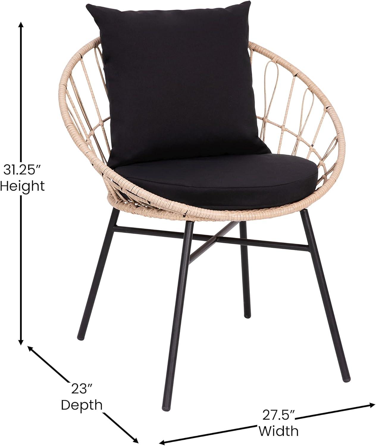 Taylor & Logan Fielder 3-Piece Tan Indoor/Outdoor Bistro Set with Papasan Style Rattan Rope Chairs, Glass Top Side Table & Black Cushions