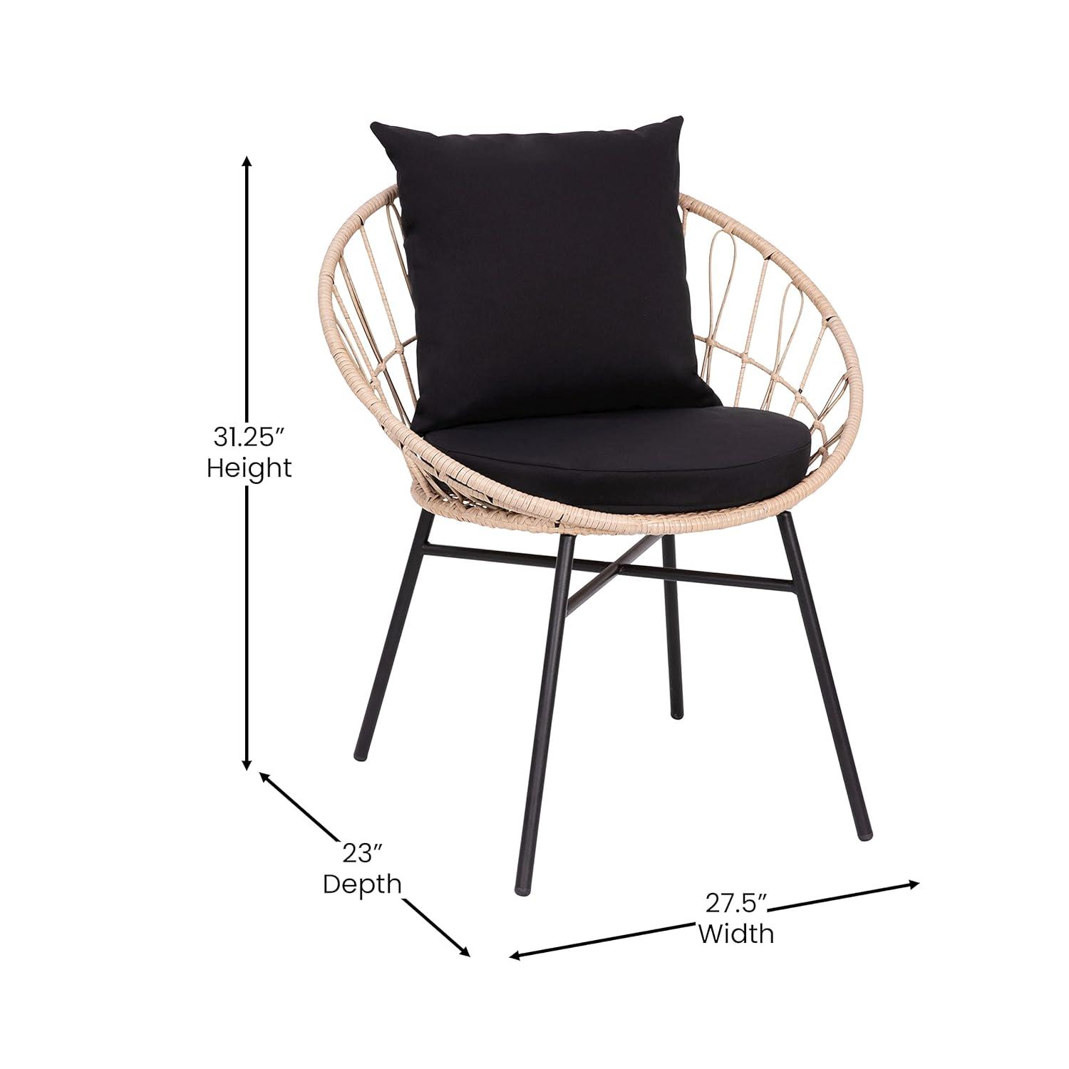 Taylor & Logan Fielder 3-Piece Tan Indoor/Outdoor Bistro Set with Papasan Style Rattan Rope Chairs, Glass Top Side Table & Black Cushions
