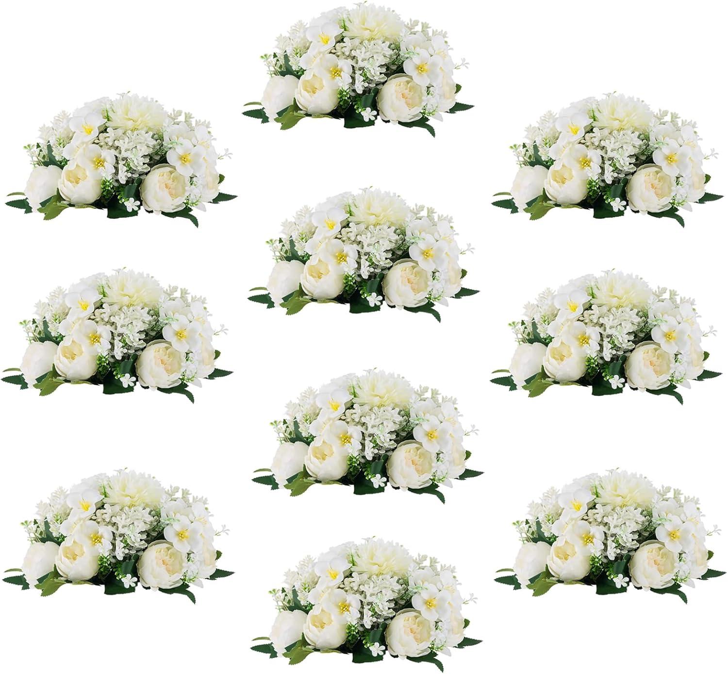 Nuptio Set of 10 White Rose Artificial Flower Kissing ball, 15 Heads Fake Peony Silk Flowers Bouquet for Centerpiece Wedding Birthday Party Home Table Decor
