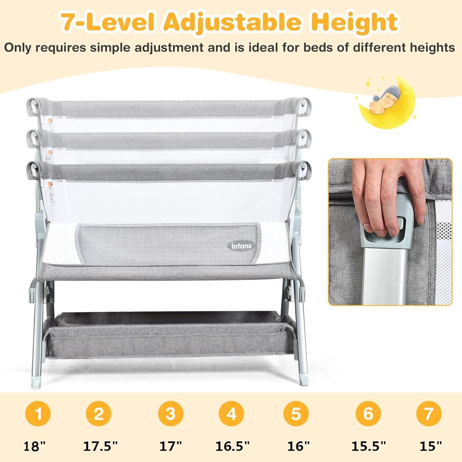 OLAKIDS Baby Bassinet Bedside Crib, Newborn Sleeper w/Large Storage Basket, Adjustable Heights & Angle, Detachable Mattress, Breathable Mesh, Easy Moving Bed Side, Dark Grey