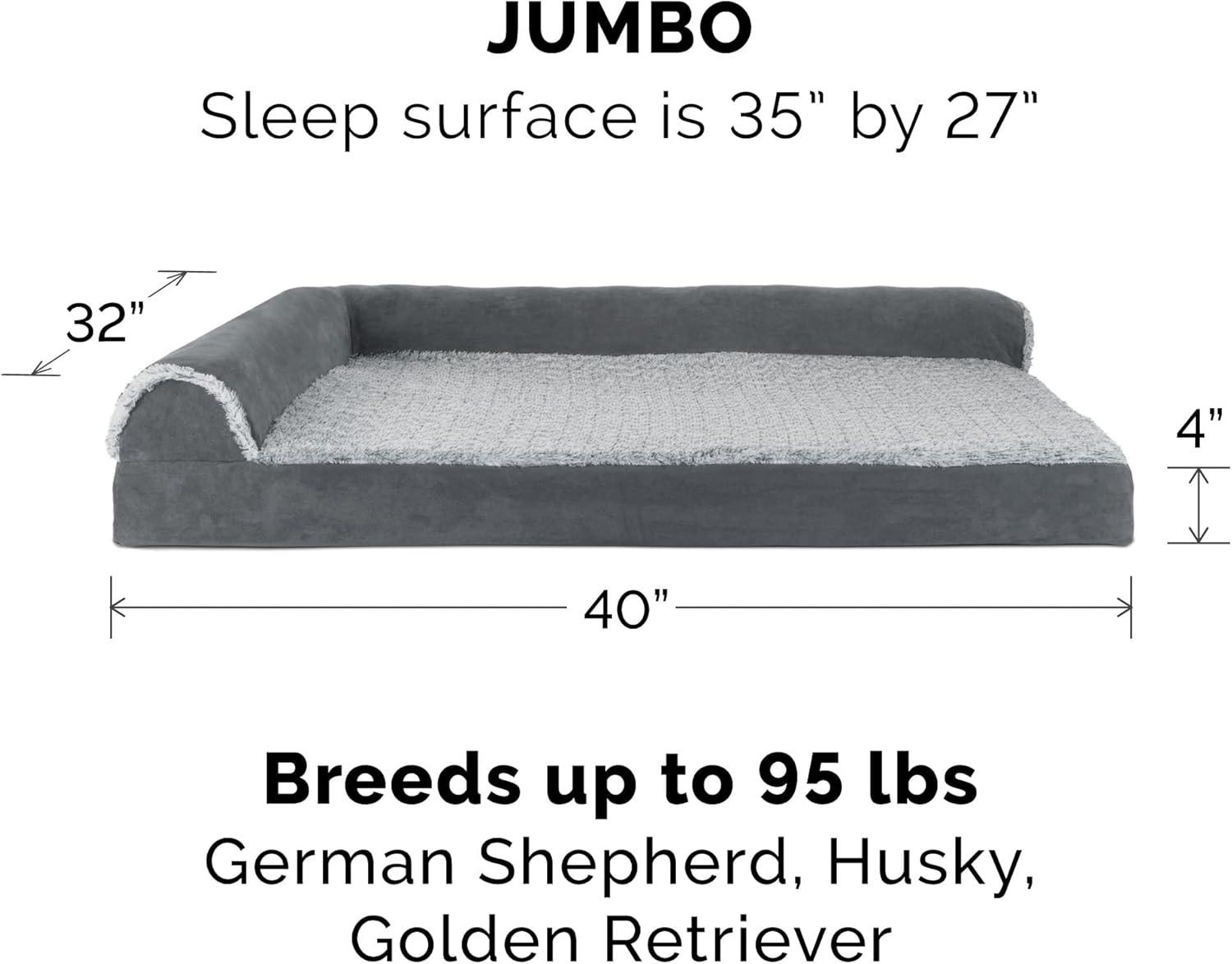 FurHaven Two-Tone Faux Fur & Suede Deluxe Chaise Lounge Orthopedic Sofa Dog Bed - Jumbo, Stone Gray