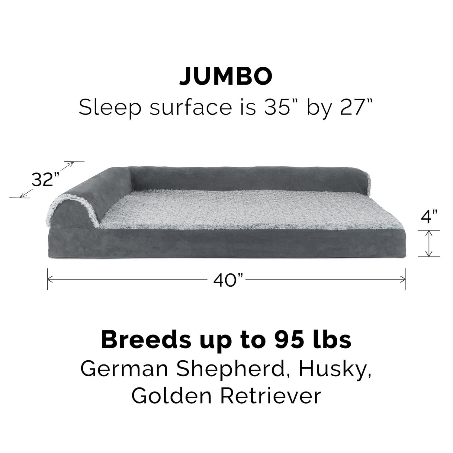 FurHaven Two-Tone Faux Fur & Suede Deluxe Chaise Lounge Orthopedic Sofa Dog Bed - Jumbo, Stone Gray