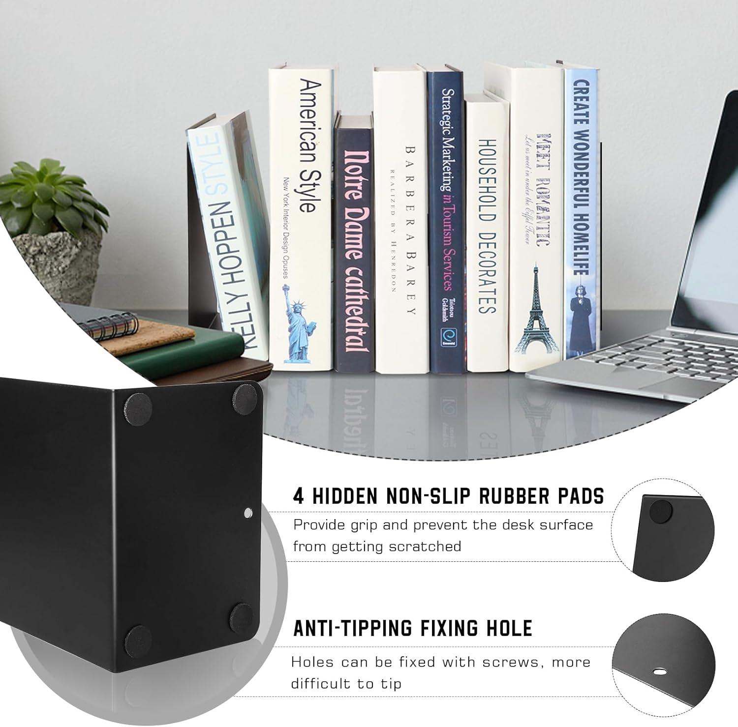 MSDADA Bookends Metal Book Ends Supports Black(2 Pairs)