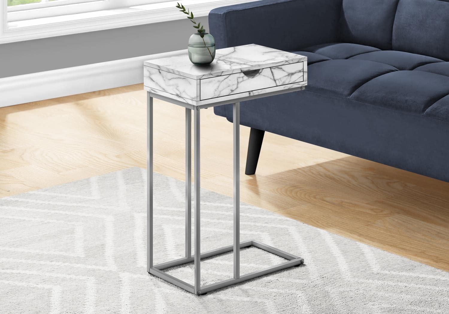 White Marble Look C-Shaped Metal End Table with Storage Drawer