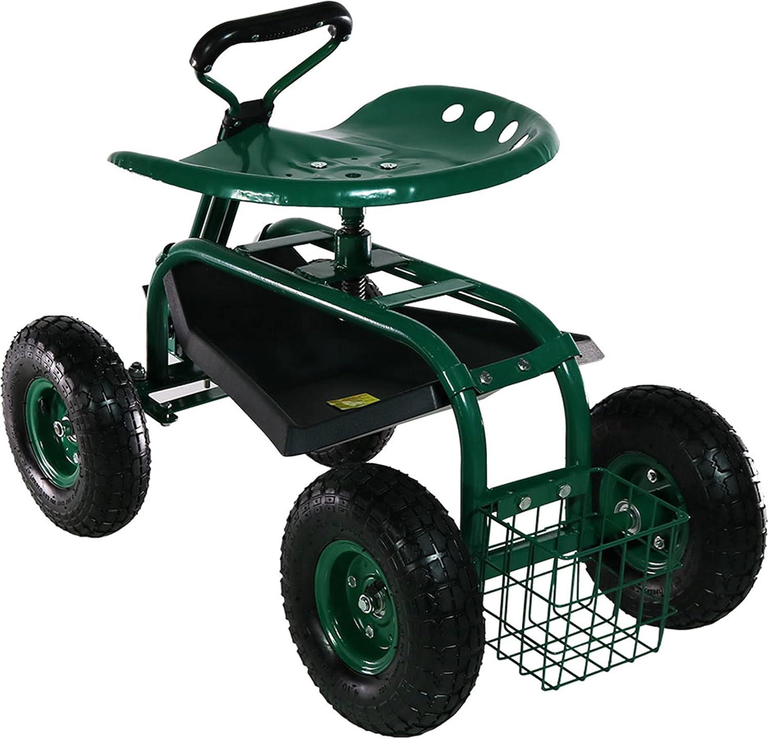 SunnyDaze Decor Steel Extendable Steering Handle Swivel Seat & Basket Garden Carts