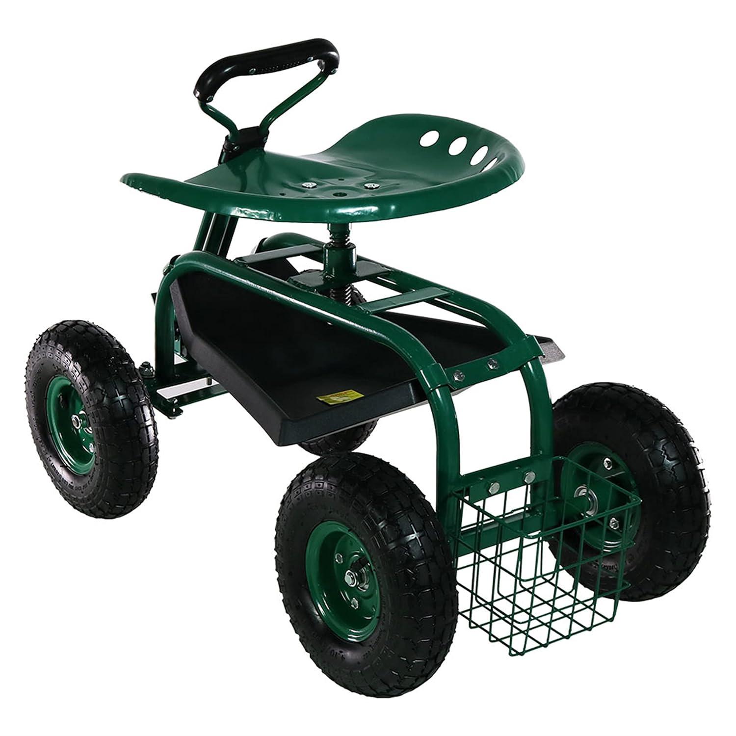 SunnyDaze Decor Steel Extendable Steering Handle Swivel Seat & Basket Garden Carts
