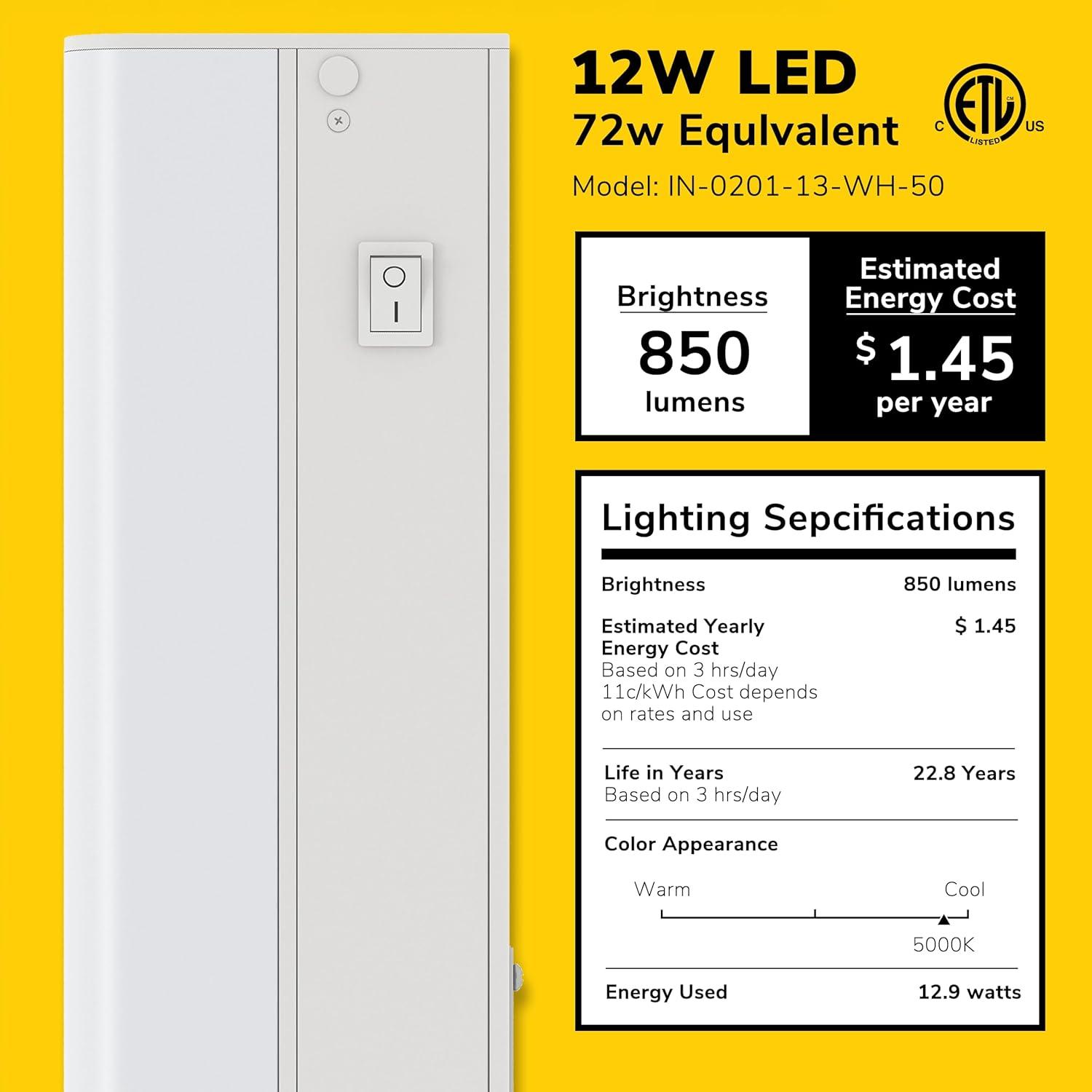 Inlight 5000K Dimmable Under Cabinet LED Lights, selectable inches, Hardwired Only