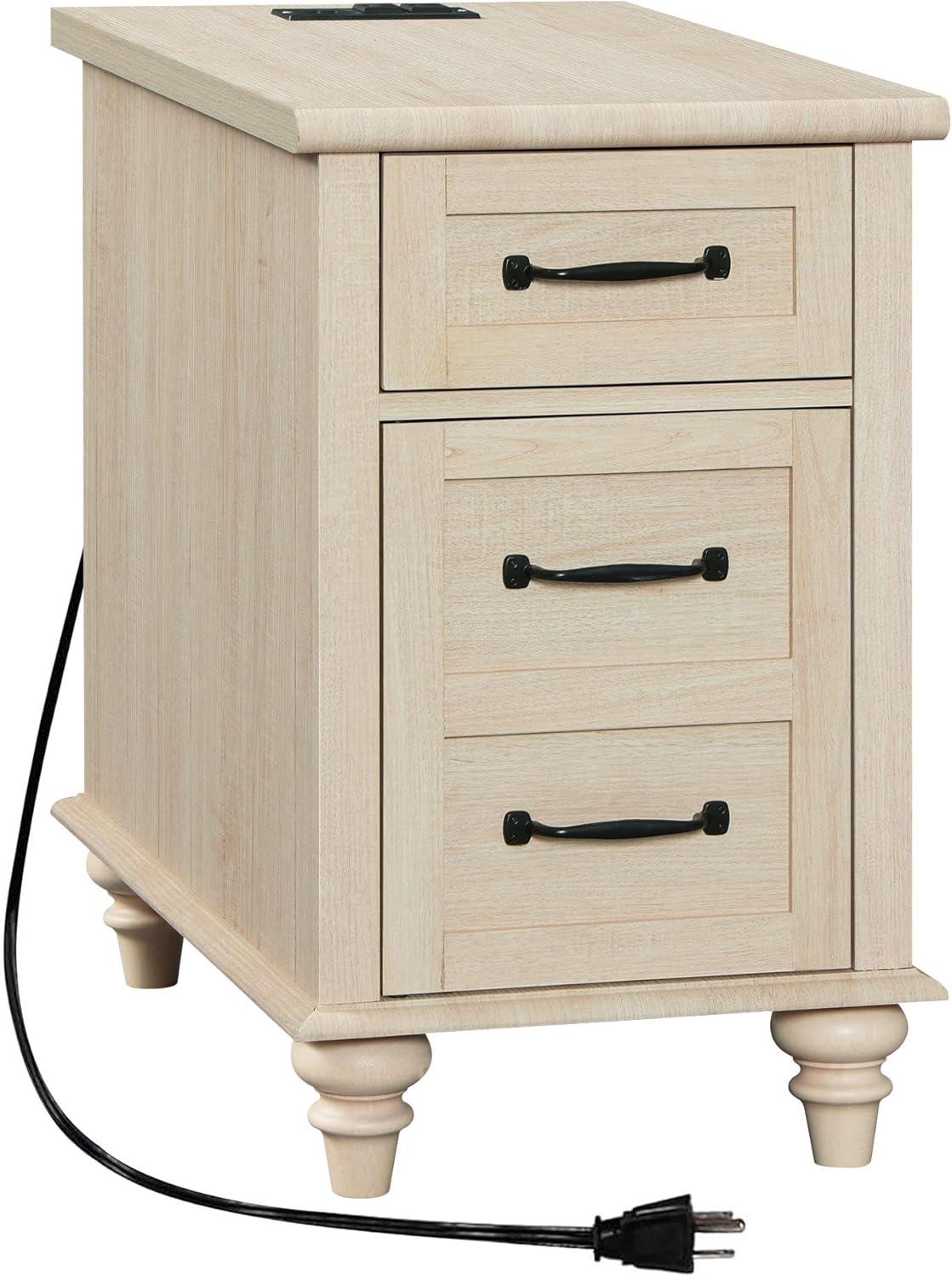 WAMPAT Beige End Table with Charging Station, Narrow Side Table with 1 Drawer &1 Storage Cabinet, Mid Century Modern Nightstand with Power Outlets & USB Ports for Living Room, Bedroom