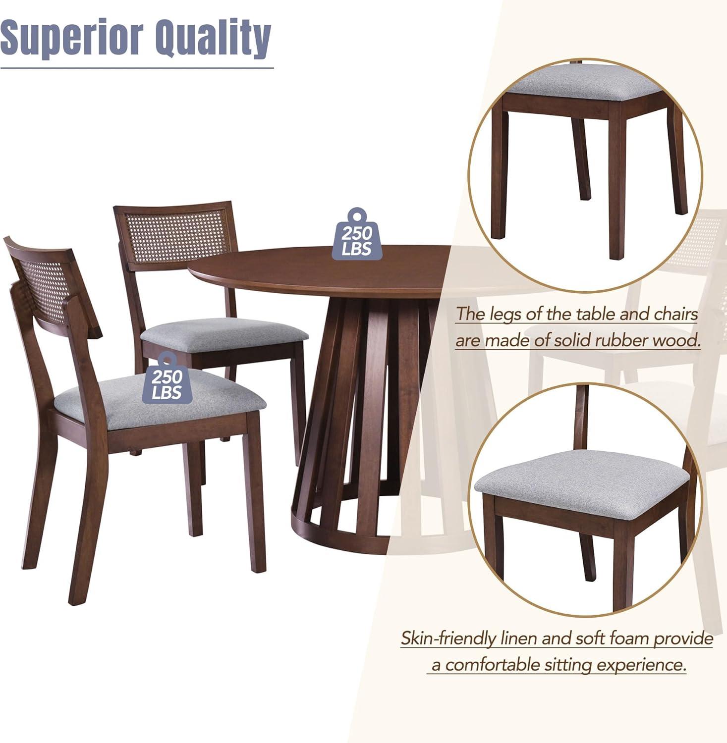 Walnut Round Dining Table Set with Rattan Backrest Chairs