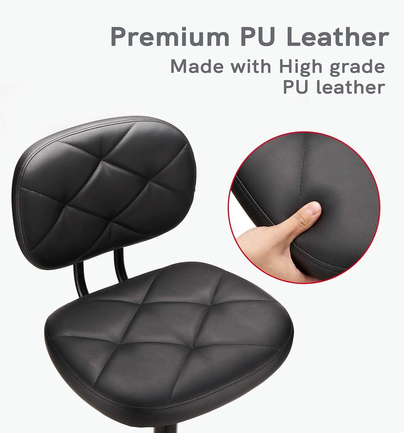 KLASIKA PU Leather Rolling Stool with Foot Rest Backrest, Drafting Chair with Wheels Adjustable Height, Multi-Purpose Desk Chair for Home Office Bar Kitchen Shop, Black (1PK)