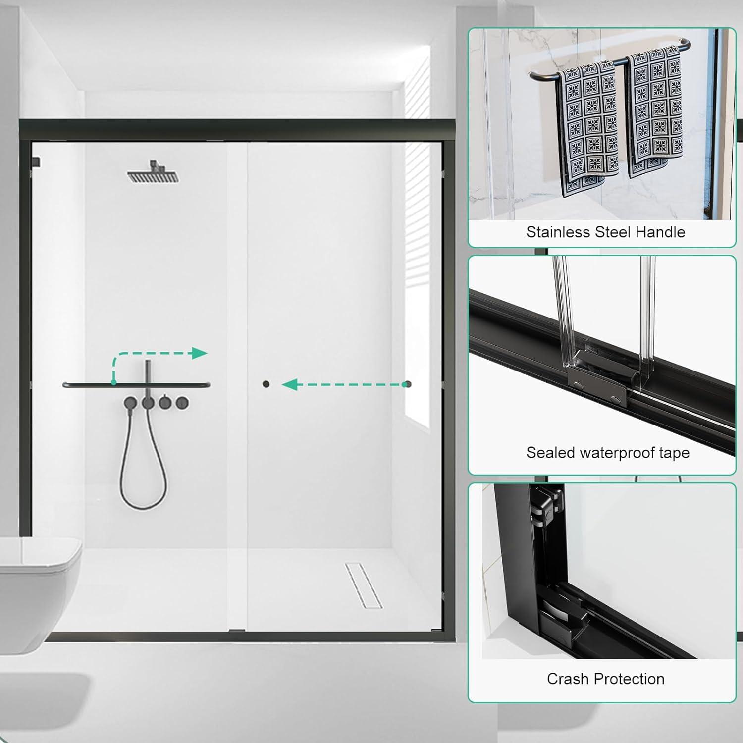 44-48"Wx72" H Semi-Frameless Double Sliding Shower Door,1/4"Thick SGCC Glass, Adjustable Width