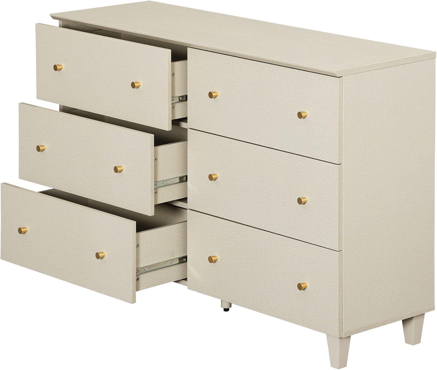 WAMPAT Dresser with 6 Drawers for Bedroom, Modern Wood Wide Double Dressers with Chest of Drawers, Beige