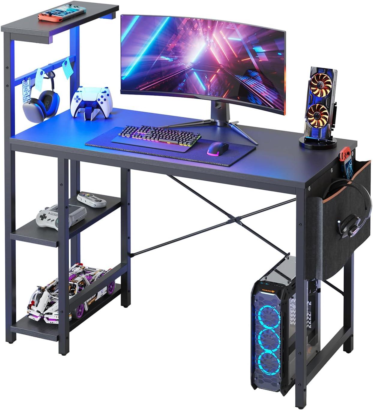 Bestier Computer Gaming PC Desk 44 inch Gamer Table with LED Lights, Reversible 4 Tier Storage Shelves, Black