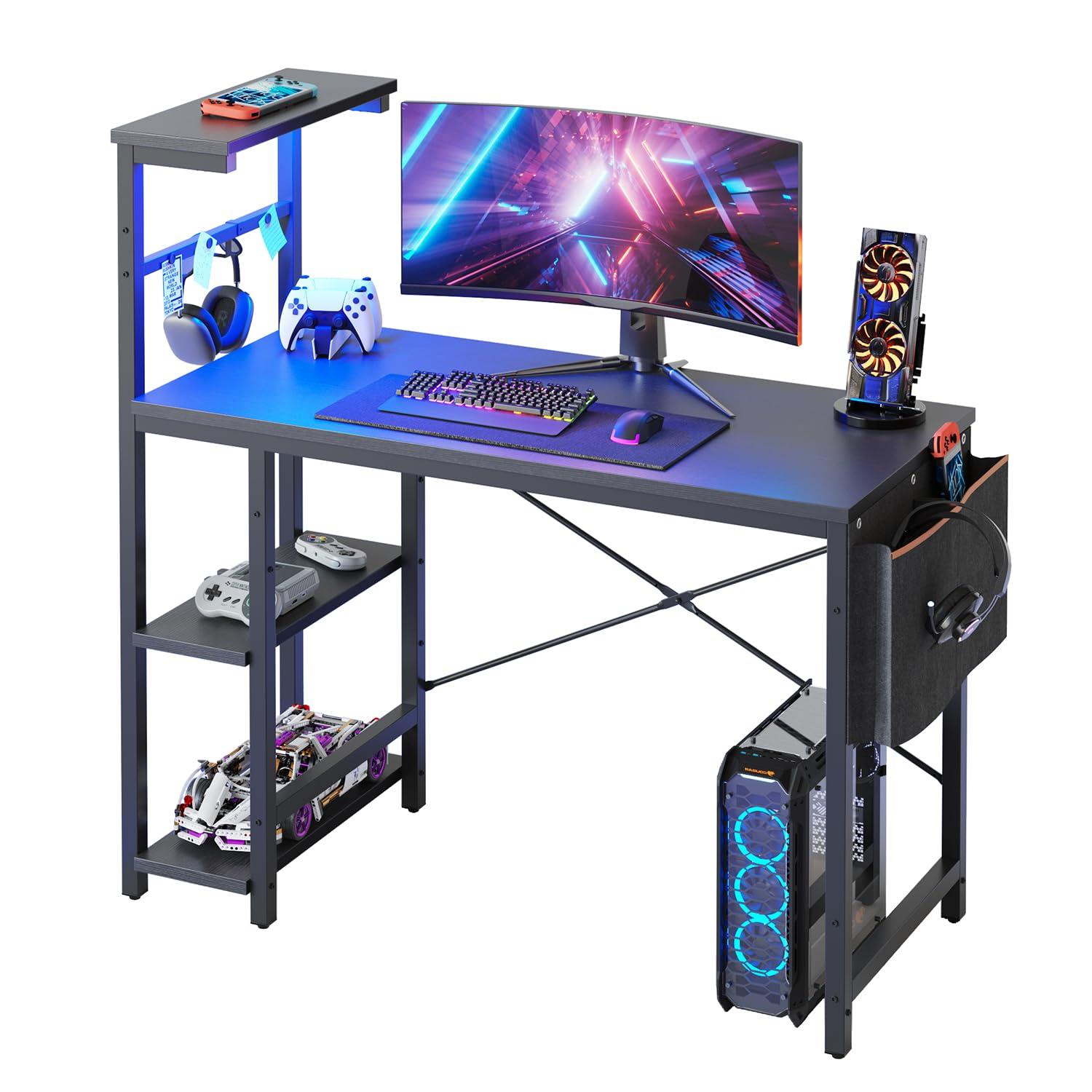 Bestier Computer Gaming PC Desk 44 inch Gamer Table with LED Lights, Reversible 4 Tier Storage Shelves, Black