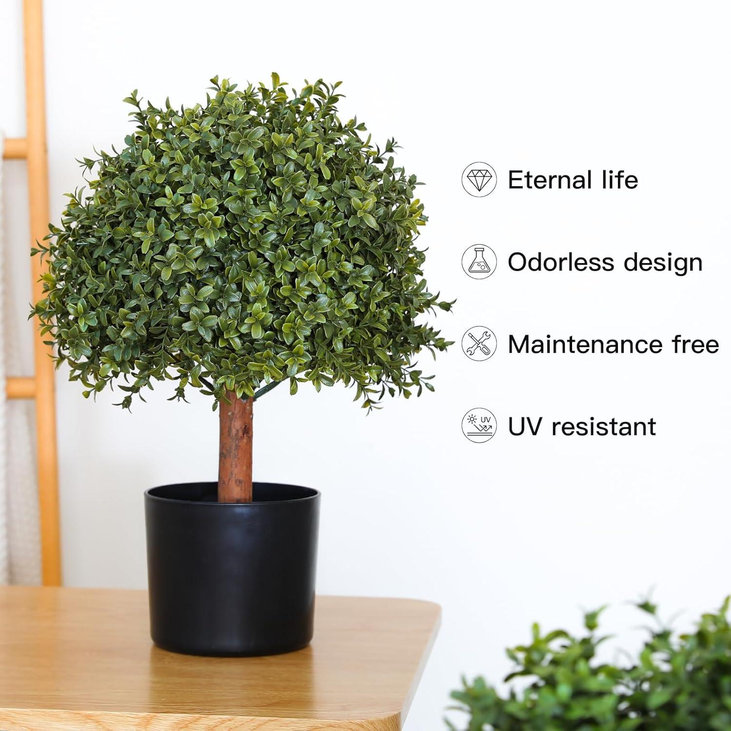 JepoIA Artificial Boxwood Topiary Tree Set of 2, Artificial UV Resistant Bushes, Faux Potted Tree, Plant in Pot w/Dried Moss, Fake Shrubs for Indoor, Front Porch, Outdoor, w/Orange Flower