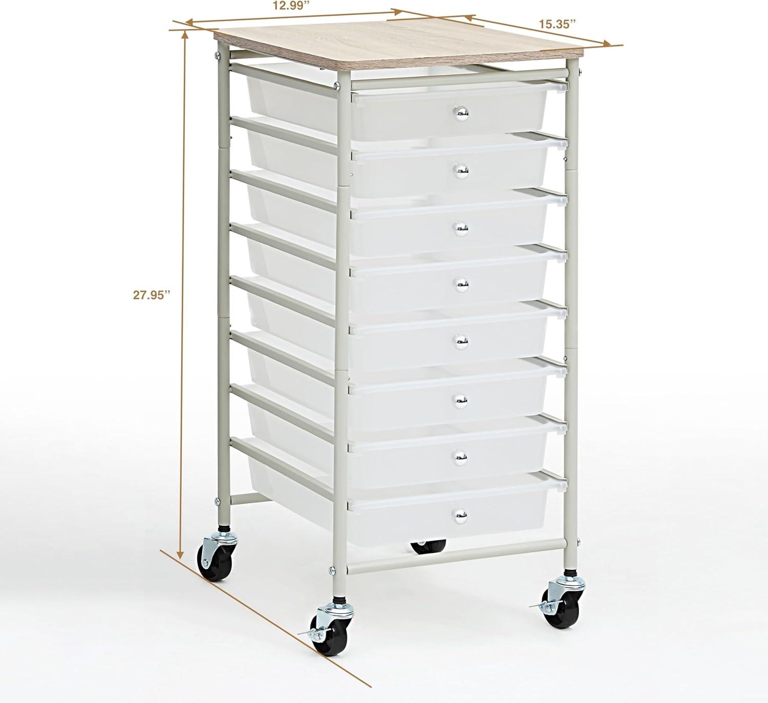 SunnyPoint 8-Drawer Rolling Storage Cart with Wooden Top – Mobile Organizer with Lockable Wheels for Office, Home, and Closet Storage (White)
