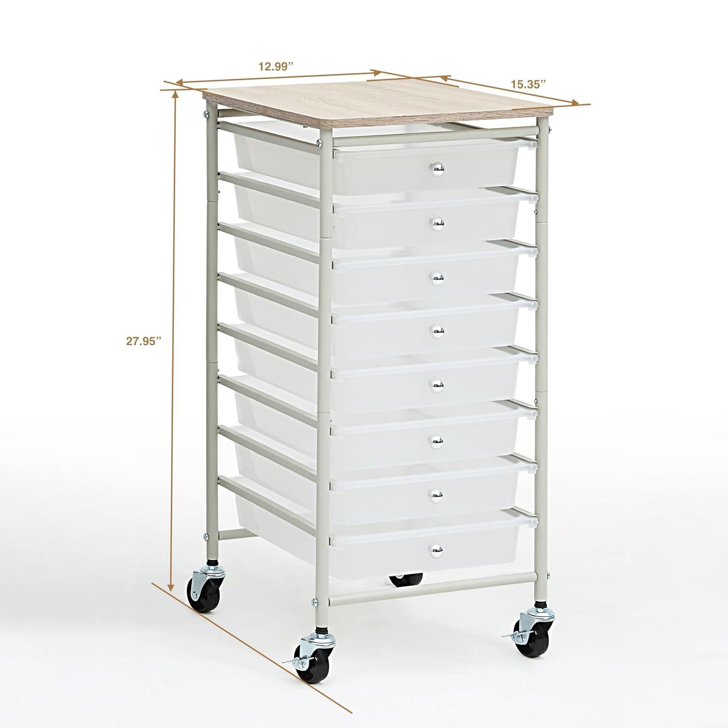 SunnyPoint 8-Drawer Rolling Storage Cart with Wooden Top – Mobile Organizer with Lockable Wheels for Office, Home, and Closet Storage (White)