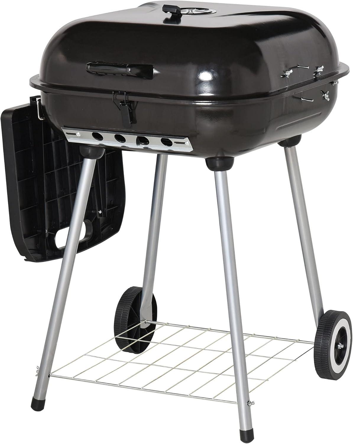 Outsunny 21" Steel Charocal Grill with Portable Wheel, Side Tray and Lower Shelf for Outdoor BBQ for Garden, Backyard, Poolside