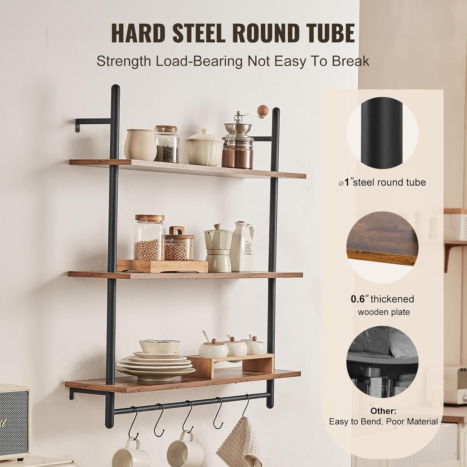 VEVOR Industrial Pipe Shelf, 3 Tier 32x9.84in, Wall-Mount Floating Rustic Wood Shelves Bracket Display Bookshelf, Storage Rack Sundries Holder for Kitchen Bedroom Bathroom Living Room, Black