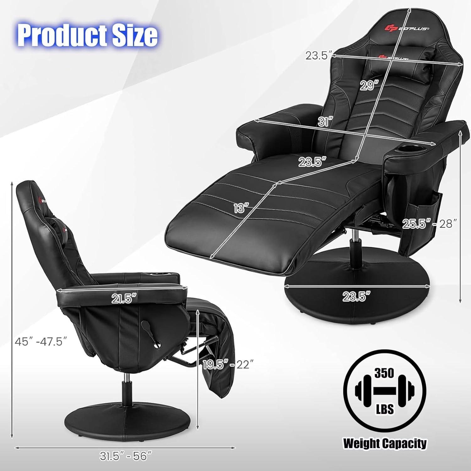 POWERSTONE Gaming Recliner Massage Gaming Chair with Footrest Ergonomic PU Leather Single Sofa with Cup Holder Headrest and Side Pouch, Adjustable Living Room Chair Seating, Black