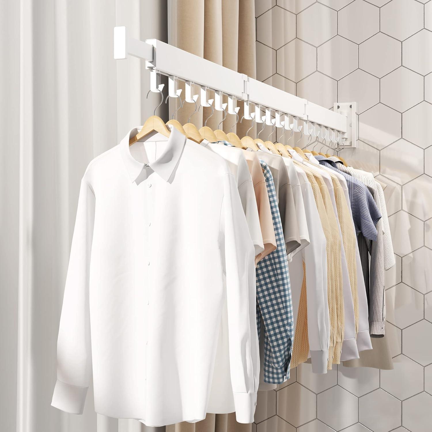 Dr.DJ Clothes Drying Rack for Laundry, Retractable Clothes Hanger Rack Wall Mounted Folding Indoor, Drying Rack, Space Saver Clothes Rack,Collapsible (Tri-Fold) with 18 J-Hooks Laundry Rack White