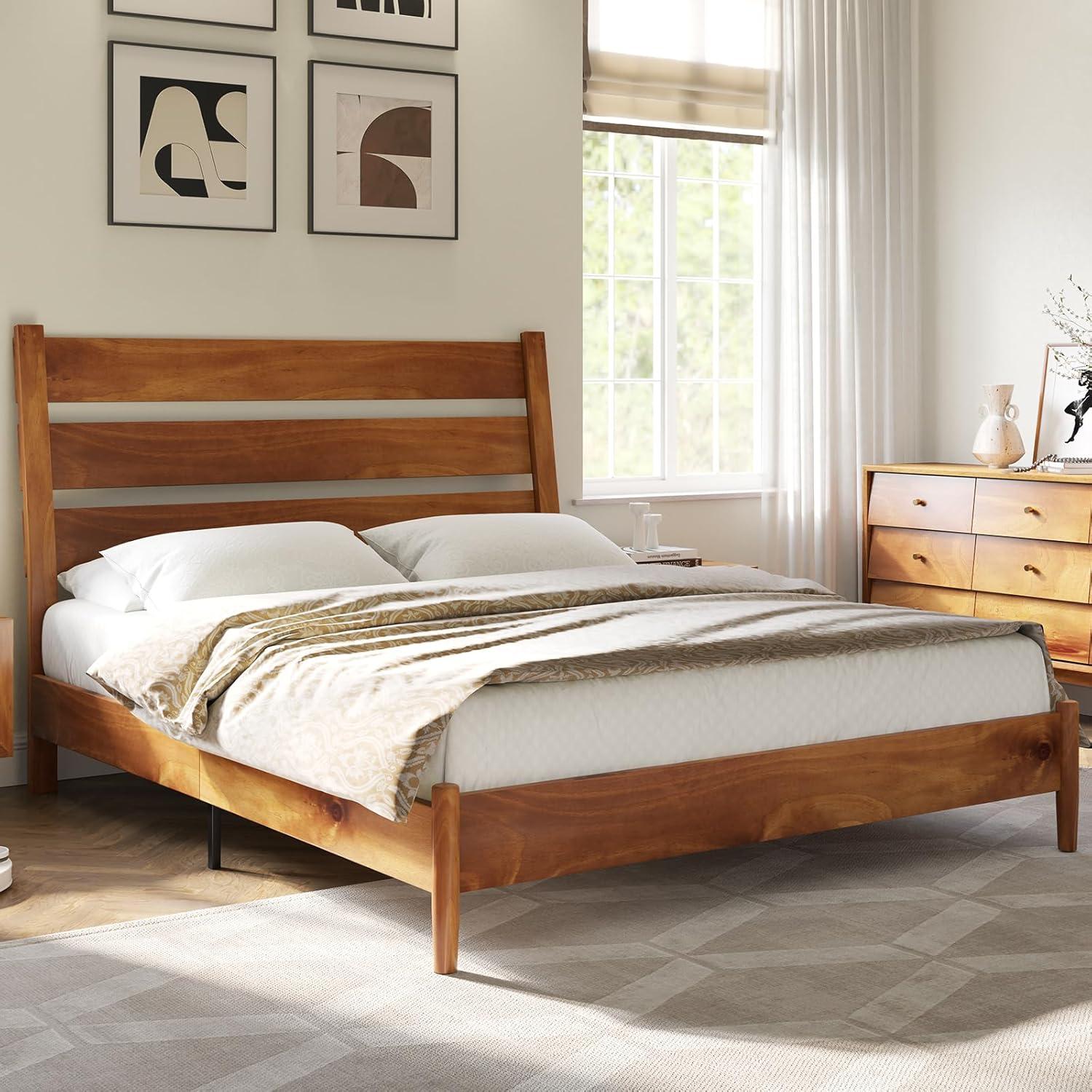 Solid Wood Bed Frame with Reclining Slatted Headboard